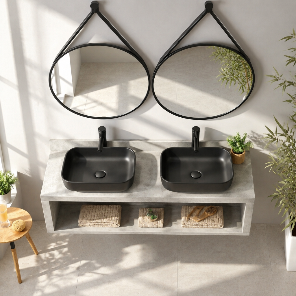 Meuble Suspendu Effet Ciment 120 cm avec Double Vasque Noire et Deux Miroirs Ronds