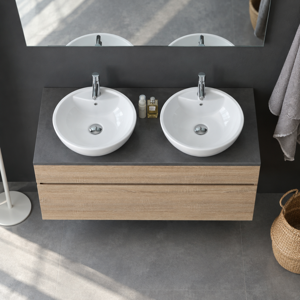 Meuble de Salle de Bain Suspendu Chêne et Ciment 120 cm – pour Vasque à Poser, Miroir Inclus