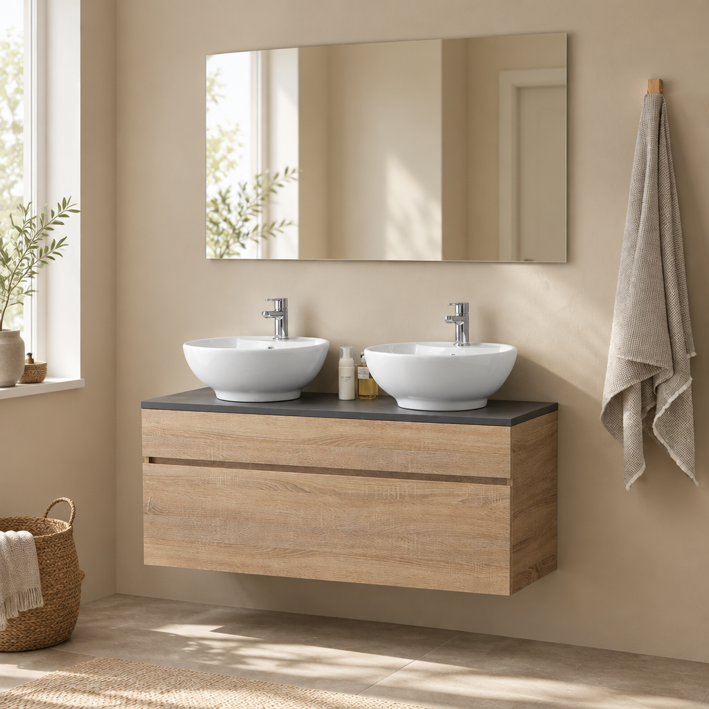 Meuble de Salle de Bain Suspendu Chêne et Ciment 120 cm – pour Vasque à Poser, Miroir Inclus