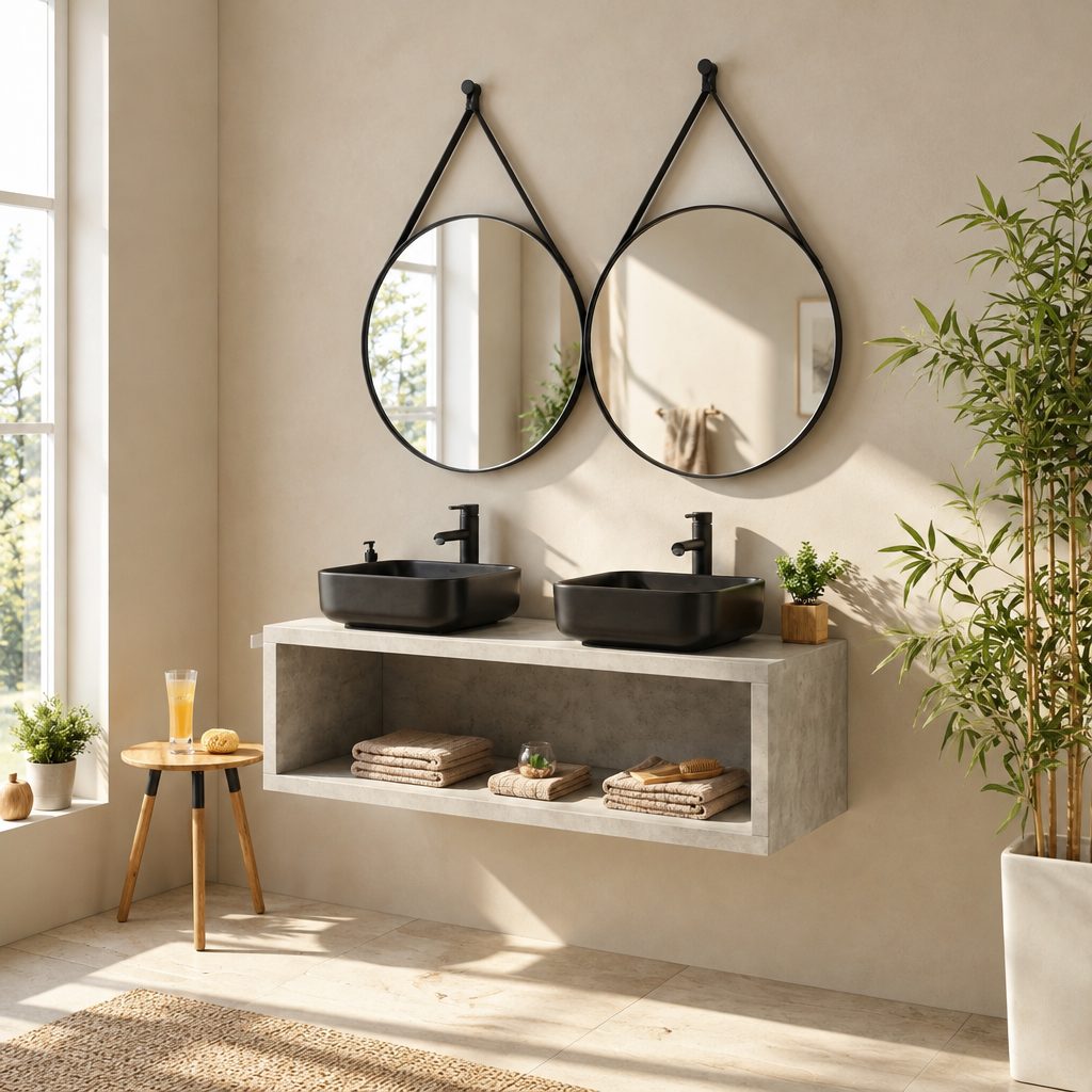 Meuble Suspendu Effet Ciment 120 cm avec Double Vasque Noire et Deux Miroirs Ronds