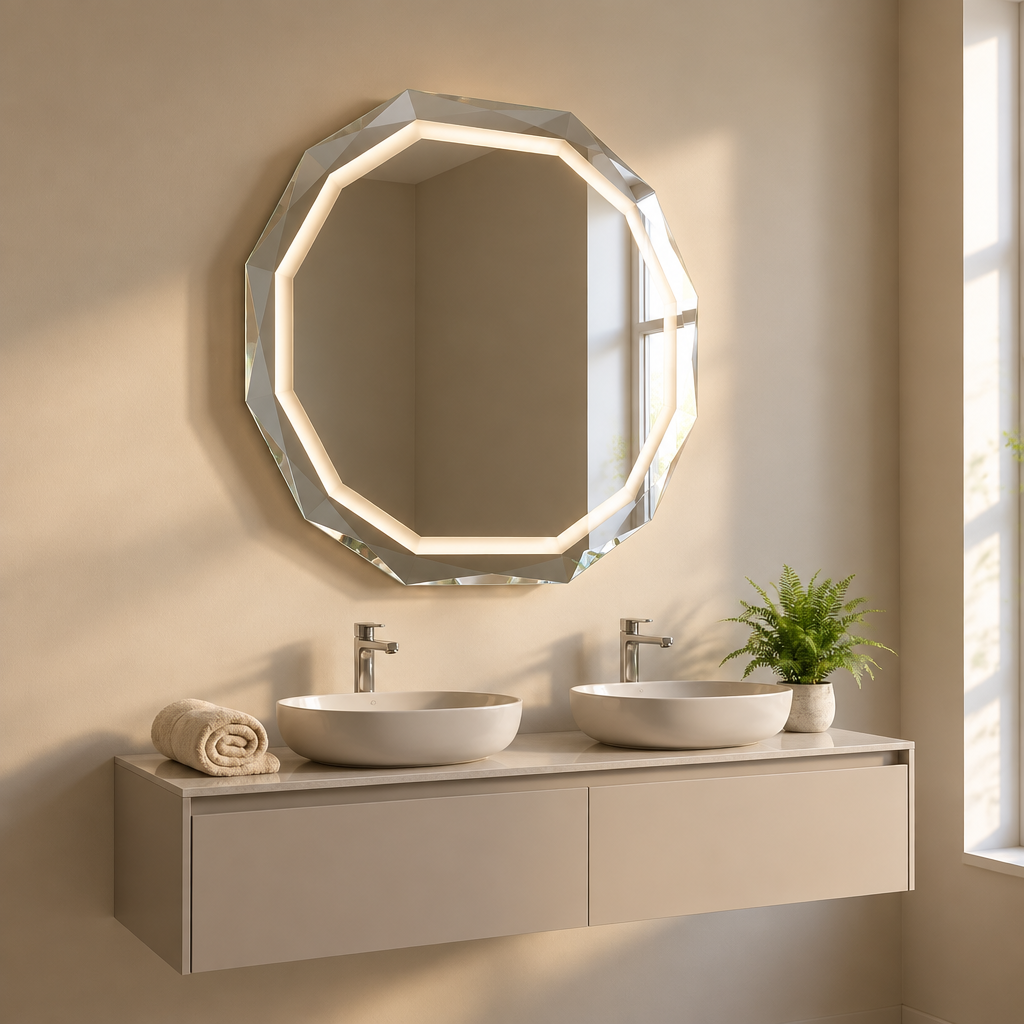 Miroir Octogonal LED Salle de Bain 90 x 70 cm – Bord Biseauté et Éclairage Intégré