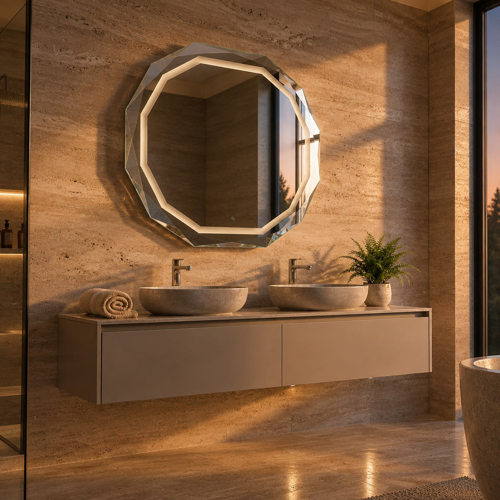 Miroir Octogonal LED Salle de Bain 90 x 70 cm – Bord Biseauté et Éclairage Intégré