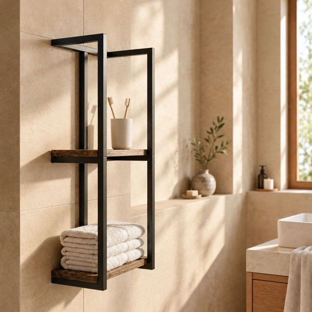 Porte-Serviettes Mural Multi-Niveaux avec Étagères – Cadre Noir Mat et Bois Vieilli