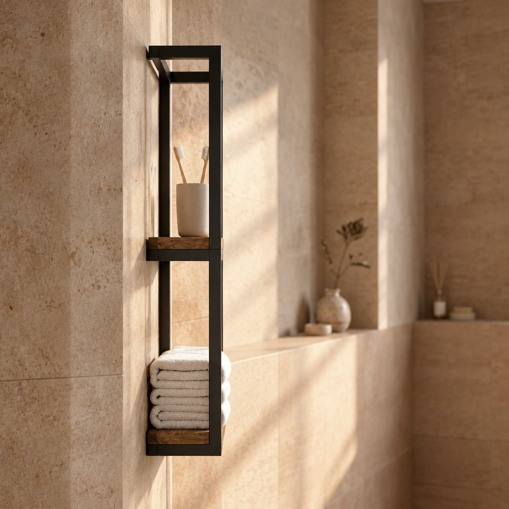 Porte-Serviettes Mural Multi-Niveaux avec Étagères – Cadre Noir Mat et Bois Vieilli