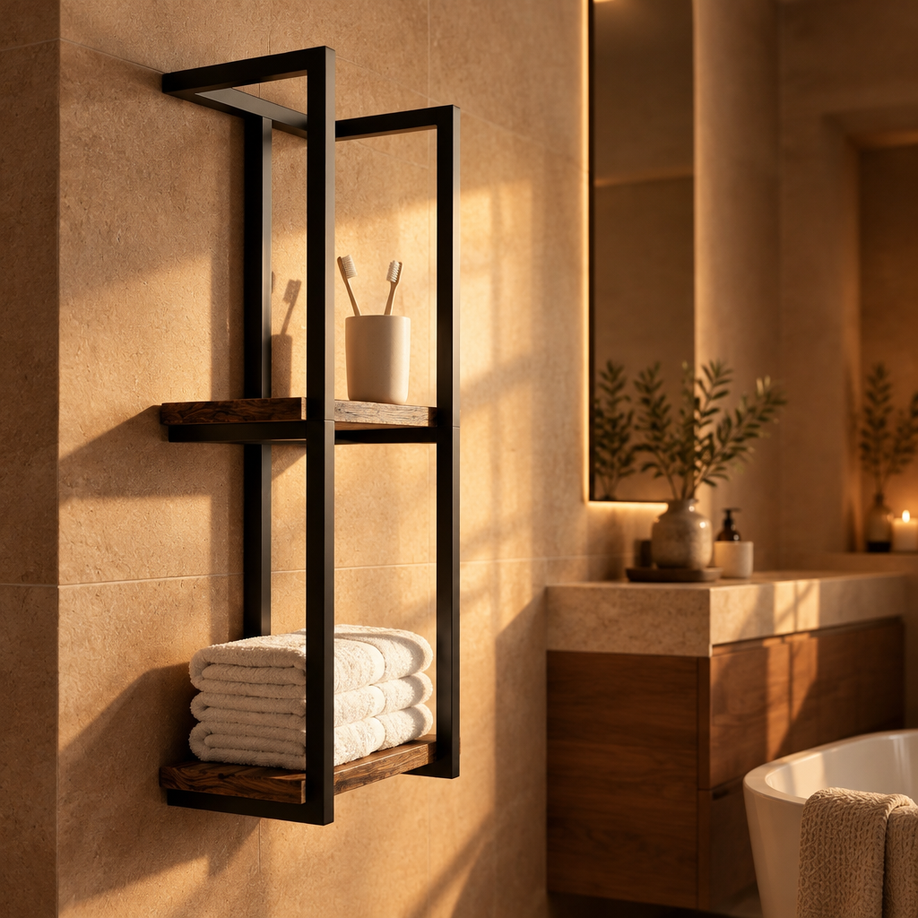 Porte-Serviettes Mural Multi-Niveaux avec Étagères – Cadre Noir Mat et Bois Vieilli