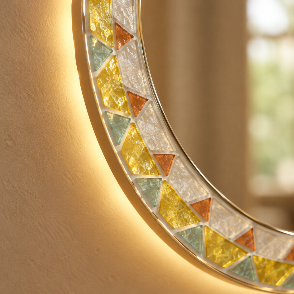 Miroir Rond LED à Cadre Mosaïque Ø 80 cm – Miroir Salle de Bain Rétroéclairé et Tactile