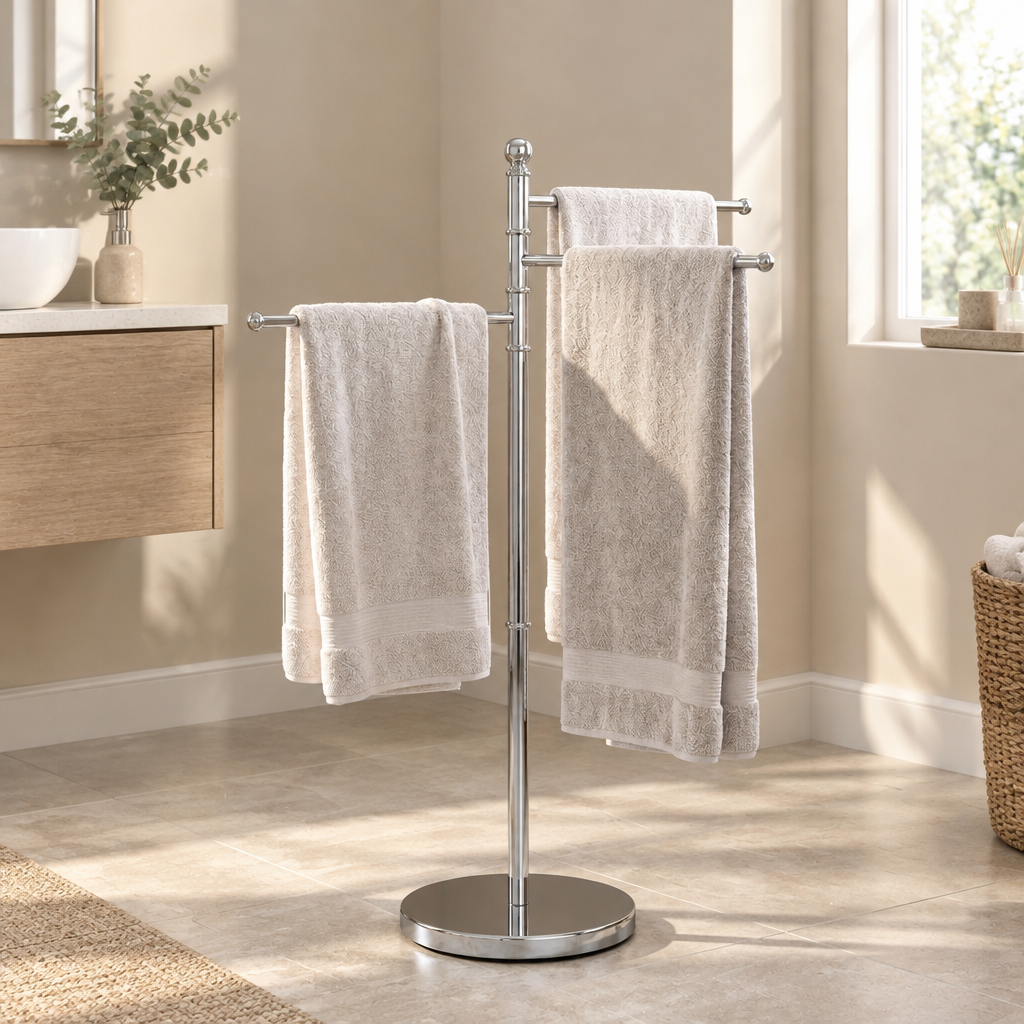 Porte-Serviettes Pivotant Chromé 3 Bras sur Pied – Sans Perçage, Hauteur 89 cm