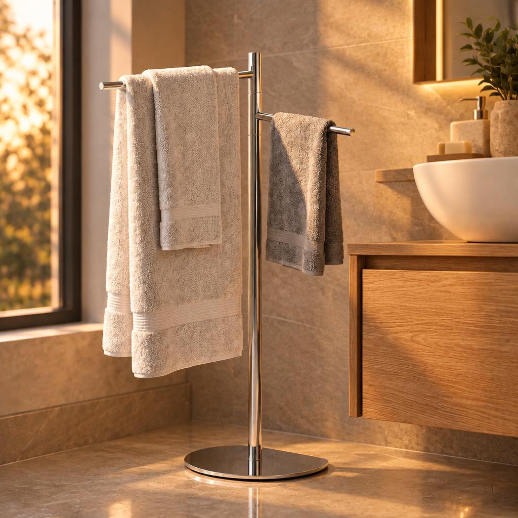 Porte-Serviettes Pivotant Chromé 2 Bras sur Socle – Sans Perçage, Hauteur 80 cm