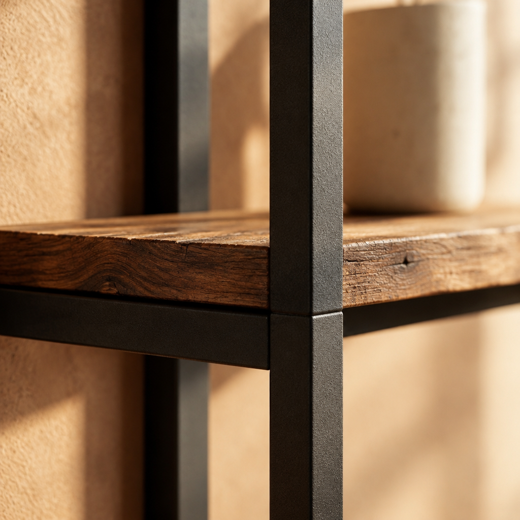 Porte-Serviettes Mural Multi-Niveaux avec Étagères – Cadre Noir Mat et Bois Vieilli