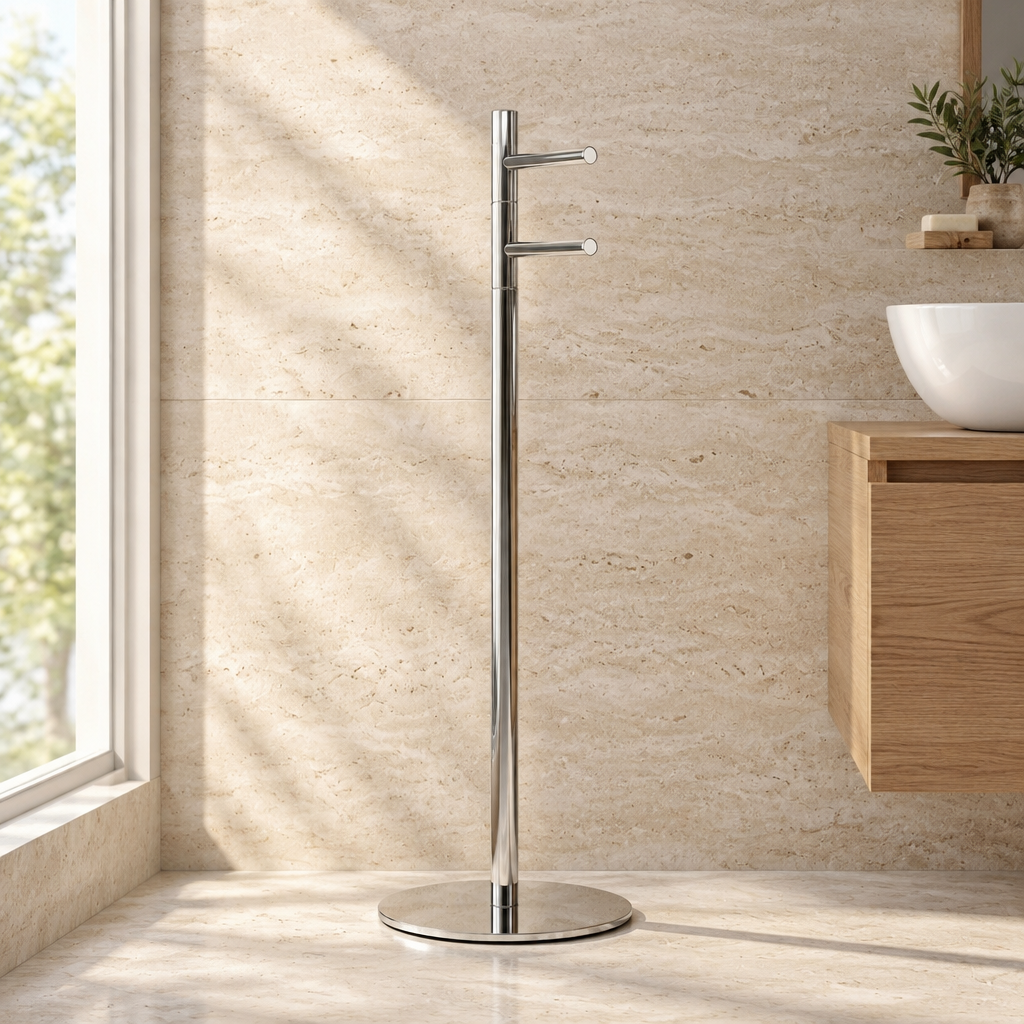 Porte-Serviettes Pivotant Chromé 2 Bras sur Socle – Sans Perçage, Hauteur 80 cm
