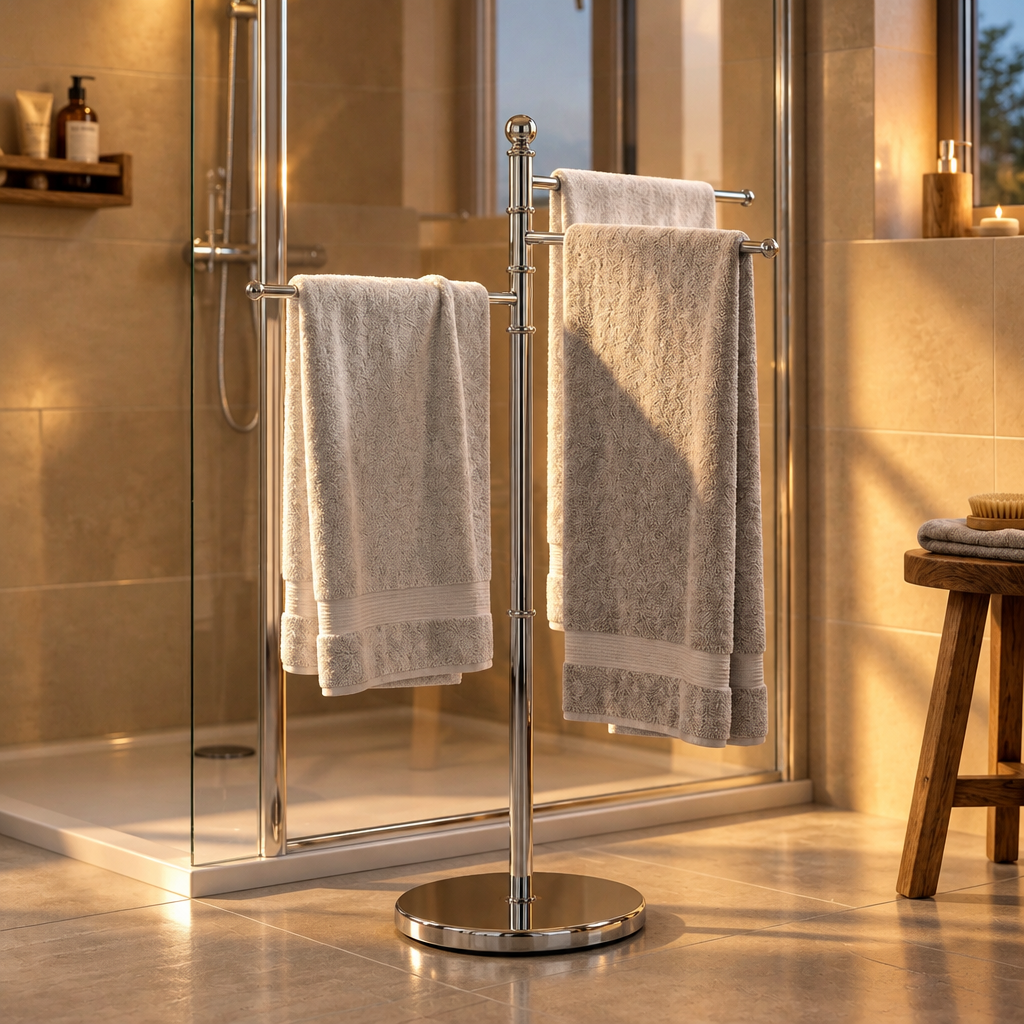 Porte-Serviettes Pivotant Chromé 3 Bras sur Pied – Sans Perçage, Hauteur 89 cm