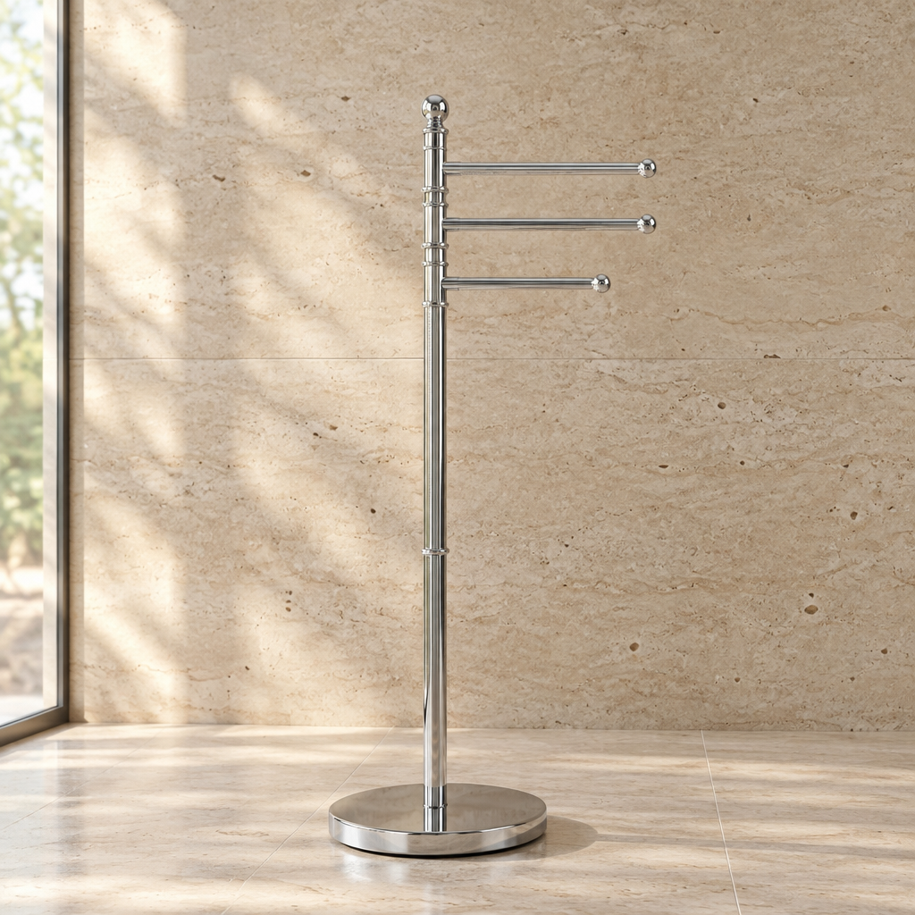 Porte-Serviettes Pivotant Chromé 3 Bras sur Pied – Sans Perçage, Hauteur 89 cm