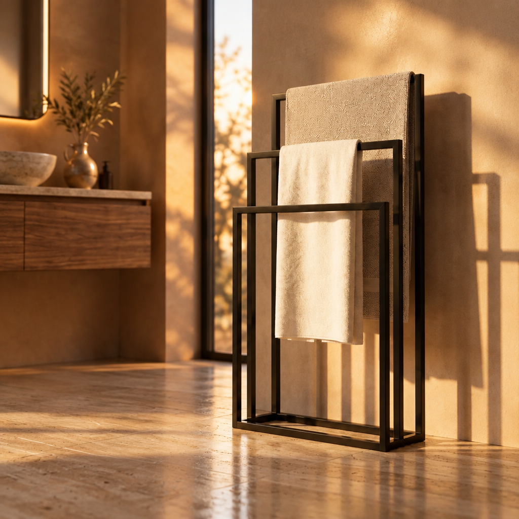 Porte-Serviettes sur Pied Noir 3 Niveaux – Sans Perçage pour Salle de Bain