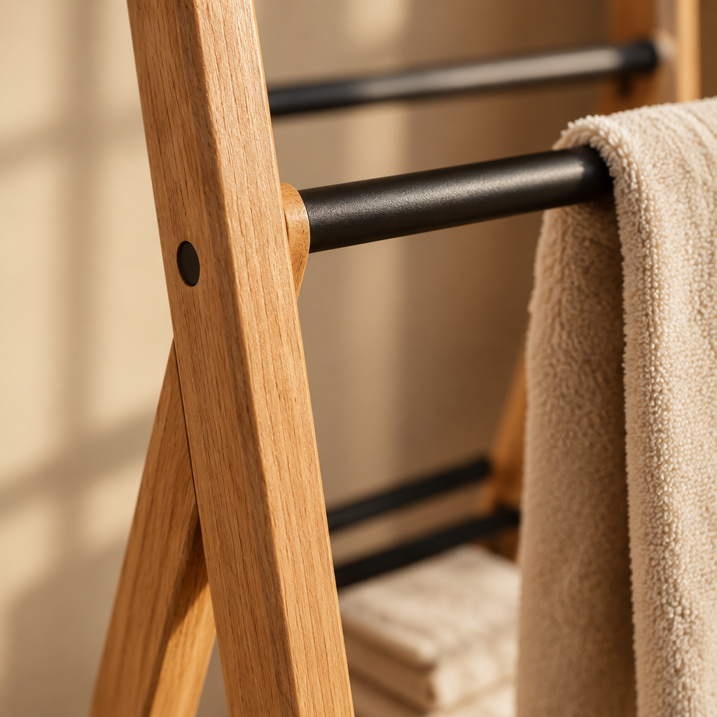 Porte-Serviettes sur Pied en Bois 3 Barres avec Étagère – Sans Perçage, Chêne et Noir