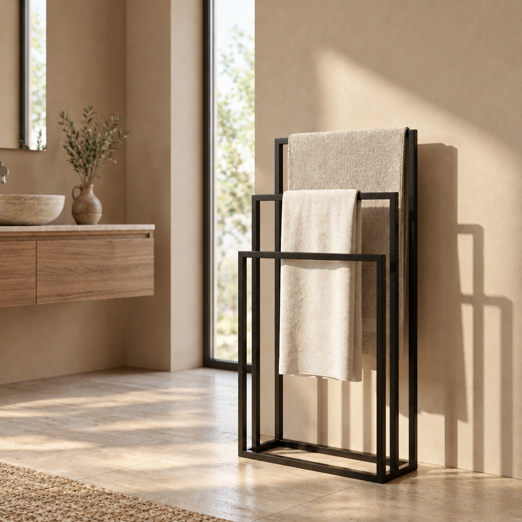 Porte-Serviettes sur Pied Noir 3 Niveaux – Sans Perçage pour Salle de Bain