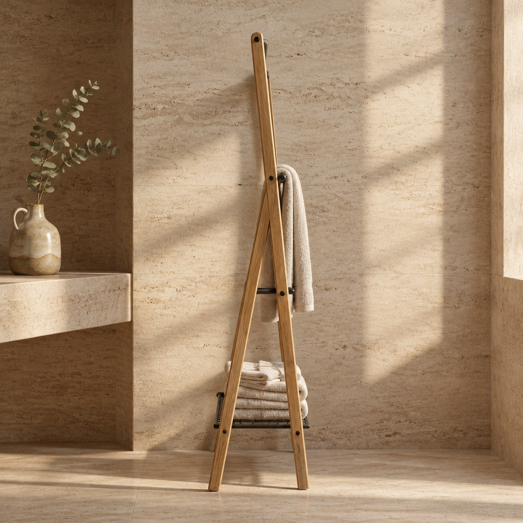 Porte-Serviettes sur Pied en Bois 3 Barres avec Étagère – Sans Perçage, Chêne et Noir