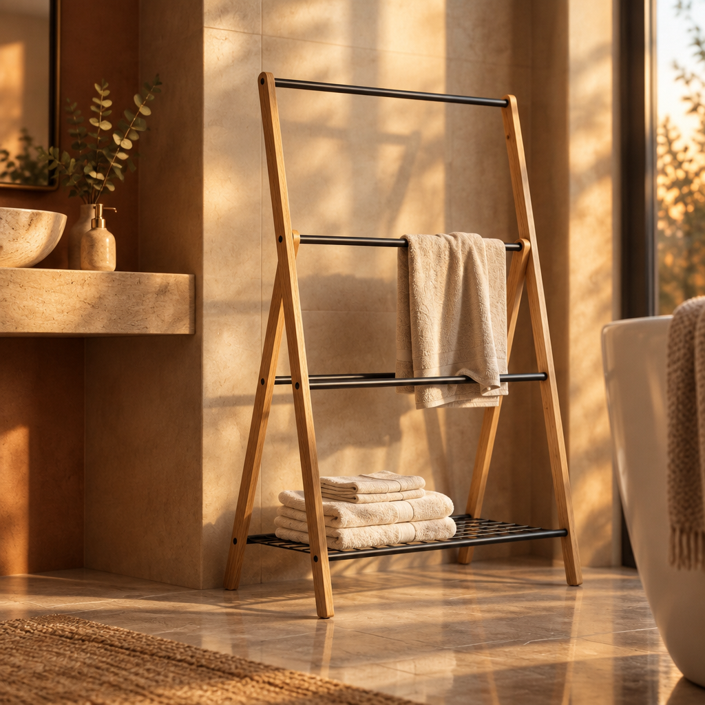 Porte-Serviettes sur Pied en Bois 3 Barres avec Étagère – Sans Perçage, Chêne et Noir