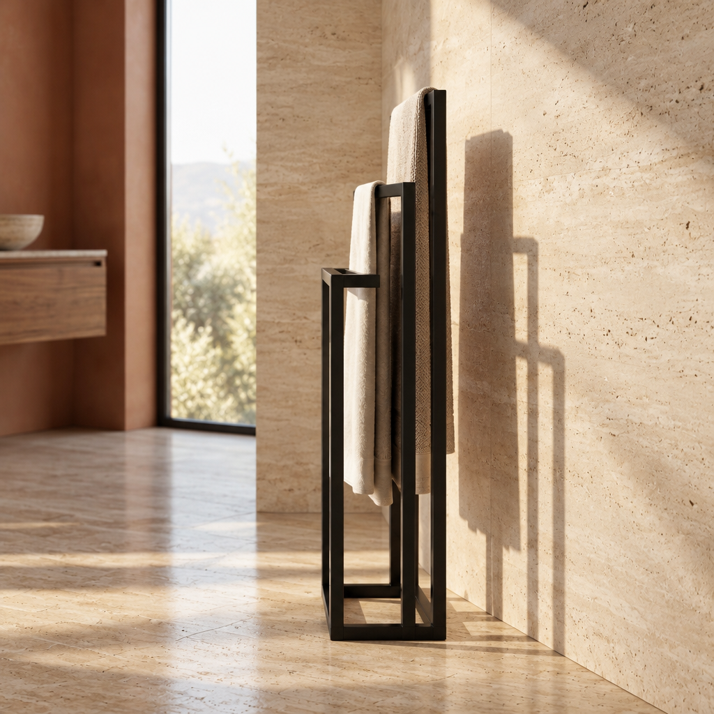 Porte-Serviettes sur Pied Noir 3 Niveaux – Sans Perçage pour Salle de Bain