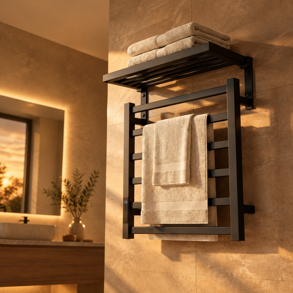 Sèche-Serviettes Électrique Noir avec Affichage Numérique – Radiateur Salle de Bain avec Tablette