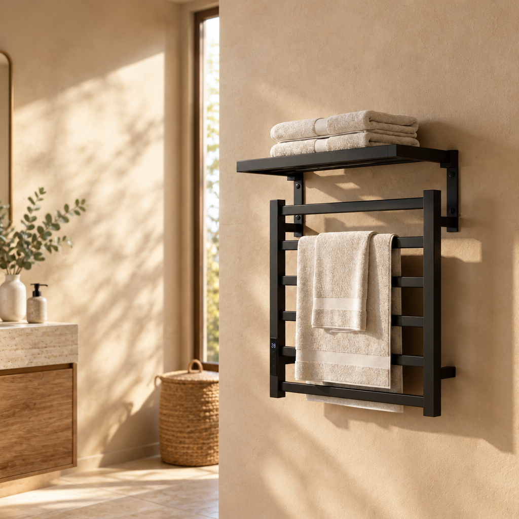 Sèche-Serviettes Électrique Noir avec Affichage Numérique – Radiateur Salle de Bain avec Tablette