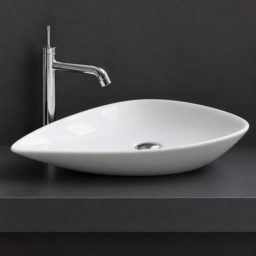 Vasque à Poser Forme Goutte d'Eau Blanche en Céramique 65 x 47 cm – Lavabo Salle de Bain
