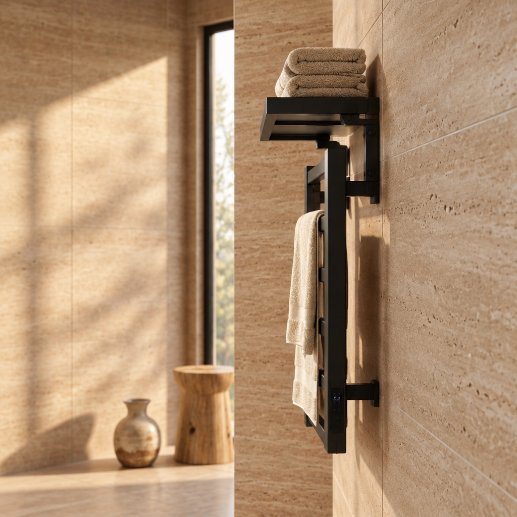 Sèche-Serviettes Électrique Noir avec Affichage Numérique – Radiateur Salle de Bain avec Tablette
