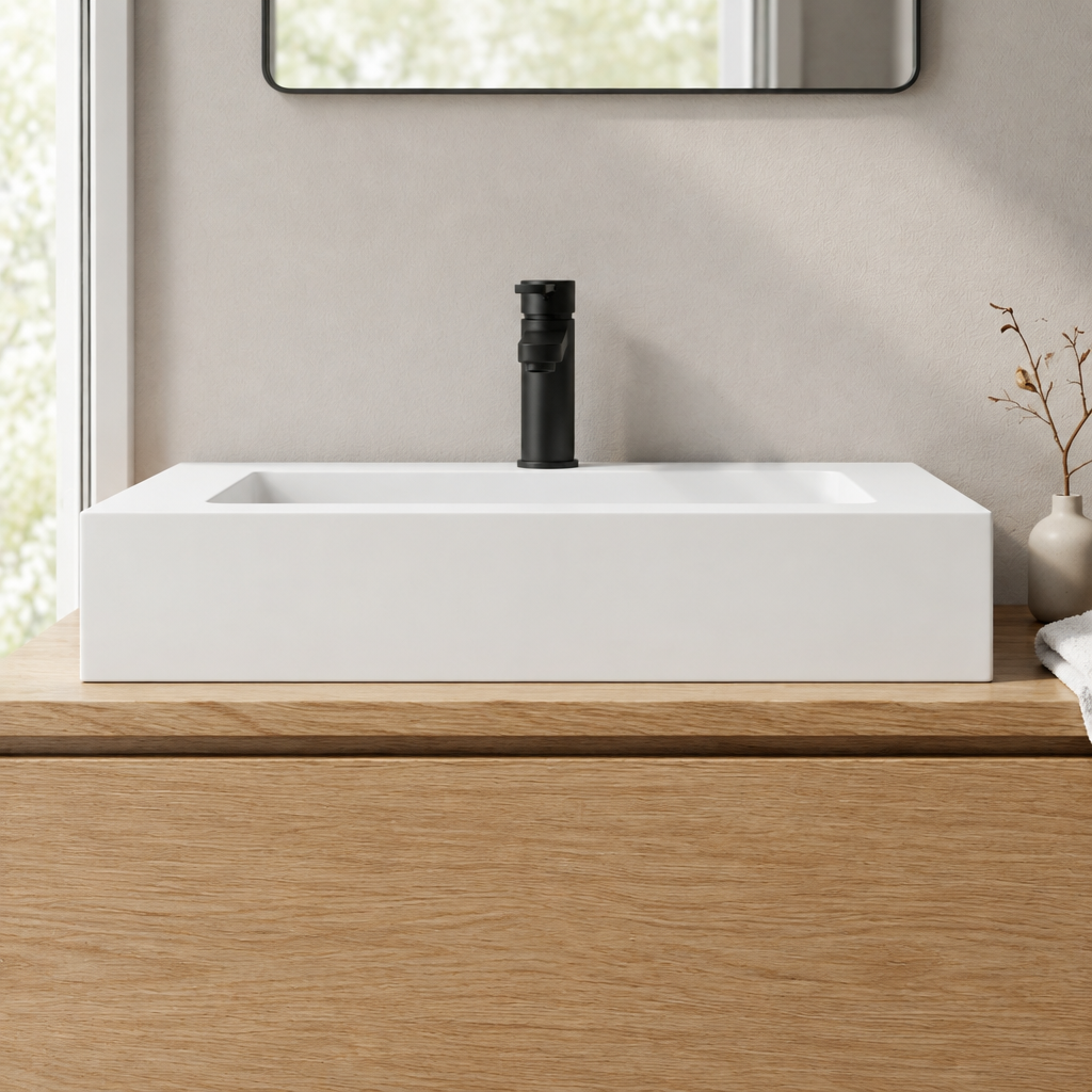 Vasque à Poser Rectangulaire Blanche 80 x 46 cm en Résine Mate – Lavabo Salle de Bain