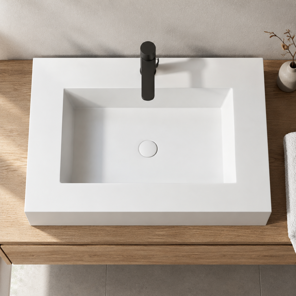 Vasque à Poser Rectangulaire Blanche 80 x 46 cm en Résine Mate – Lavabo Salle de Bain