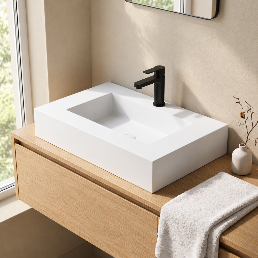 Vasque à Poser Rectangulaire Blanche 80 x 46 cm en Résine Mate – Lavabo Salle de Bain