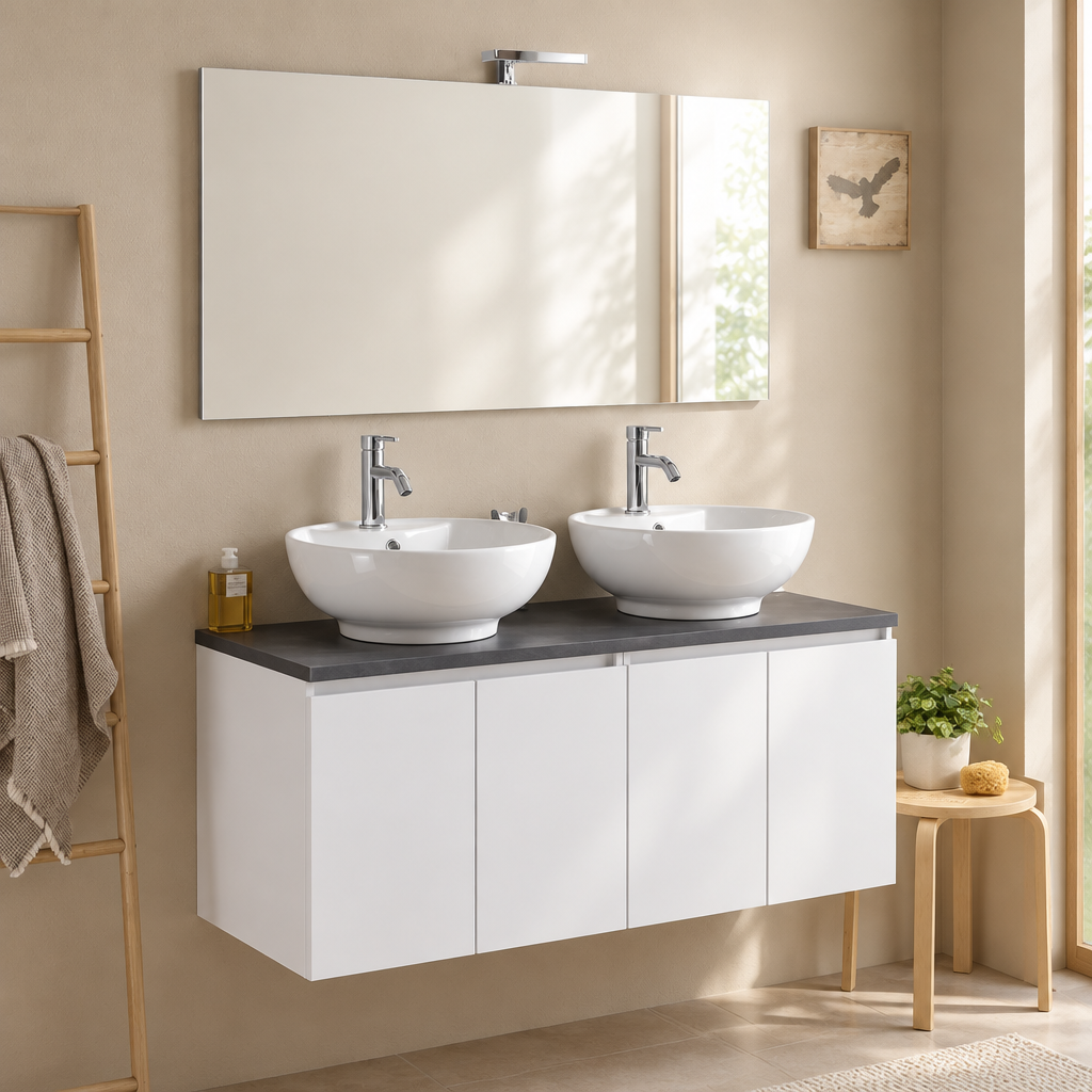 Meuble de Salle de Bain Suspendu Blanc 120 cm – Façade Effet Bois, Plan Anthracite et Miroir